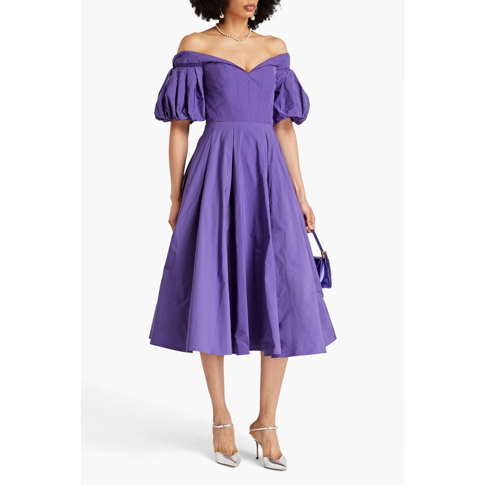 NWT Marchesa Notte Off-the-Shoulder Pleated Taffeta Midi Dress Violet Women's 8
